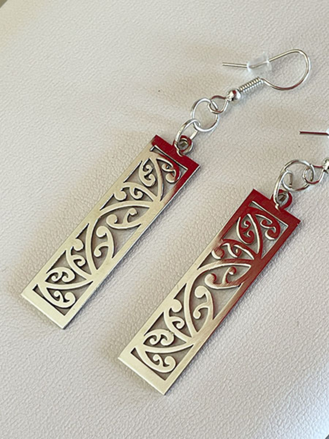 Silver Koru Kowhaiwhai rectangle earrings 35mm Stainless Earrings